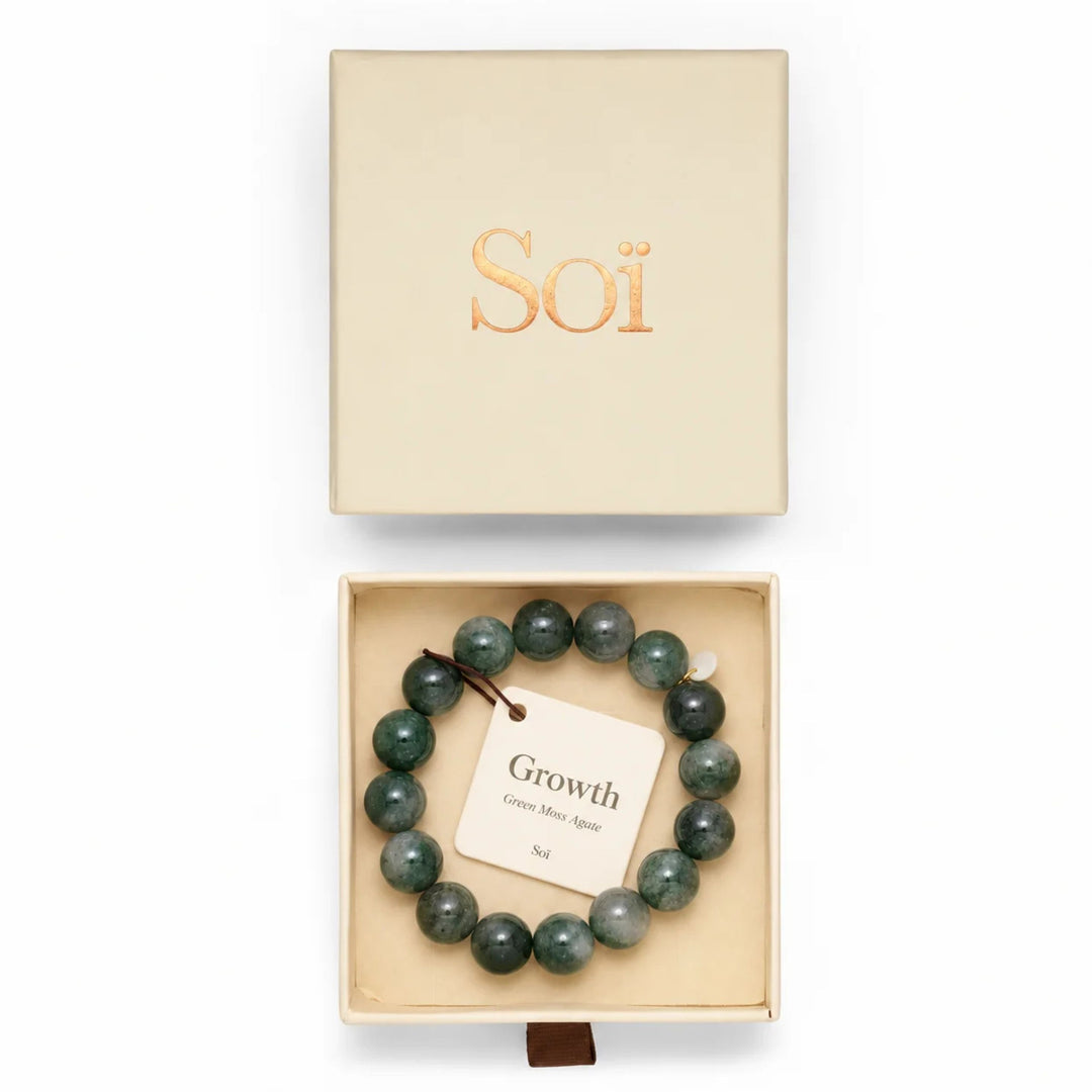 SOÏ - KRYSTAL ARMBÅND - CHUNKY GRØN MOSS AGAT 12 MM.